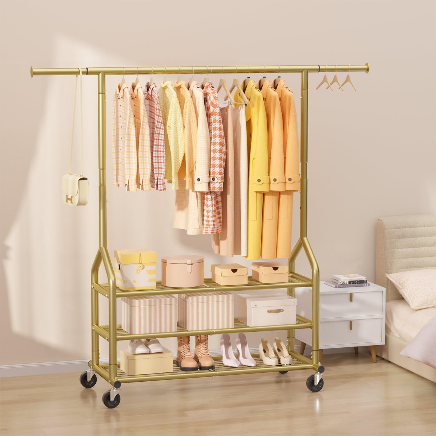 EAGMAK Heavy Duty Clothes Rack Load 688 LBS, Rolling Clothing Rack With 3 Shelves, Adjustable Metal Clothes Hanger with Wheels Portable Wardrobe Organizer Garment Rod for Hanging Clothes (Gold)