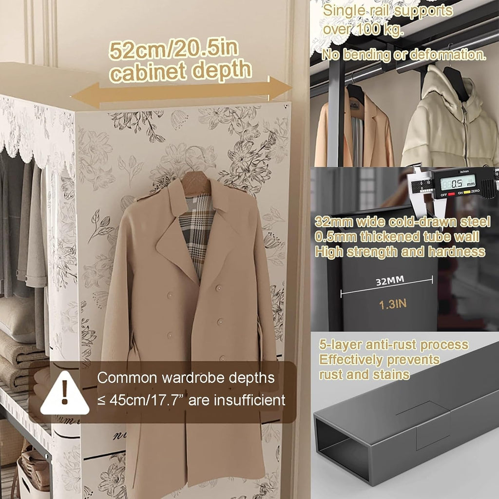 Foldable Heavy Duty Wardrobe Closet, Rolling Covered Portable, Metal Garment Rack for Hanging Clothes,for Bedroom