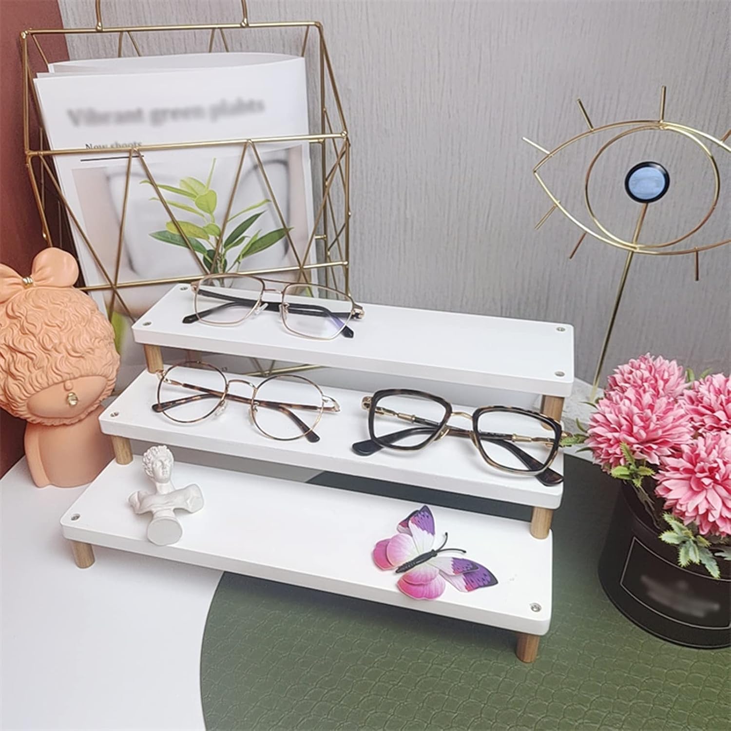 Eyeglass Displays Wood Lacquer Stepped Sunglasses Display Rack Sunglasses Eyewear Holder Display Sunglasses Organizer Stands Sunglasses Rack Display Risers(B,4-Tier)