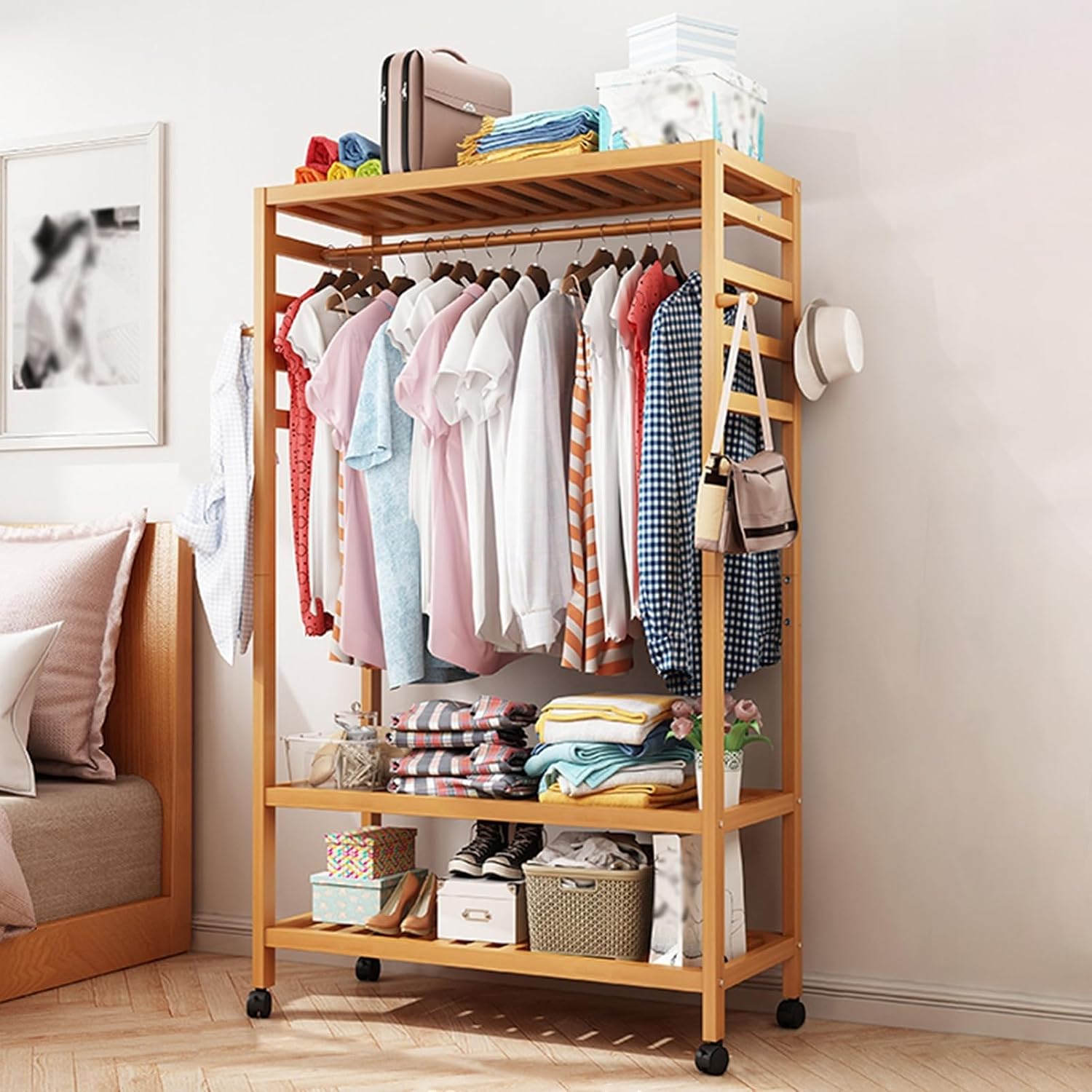 Versatile Mobile Garment Rack - Bamboo Freestanding Clothes Organizer for Hanging, Wardrobe Storage Closet with Wheel Perfect,with 4 Hooks/1 Top Rod & 3 Shelves,70 * 42 * 168CM