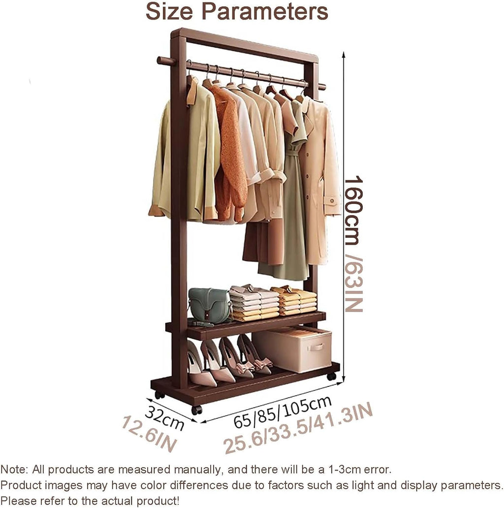 Clothes Rack, Bamboo Floor-standing Bedroom Coat Rack,Rack Heavy Duty Garment Racks For Hanging Clothes,Shoe Clothing Storage Organizer Shelves, 63 in Height(Brown with wheels,105CM/41.3IN)
