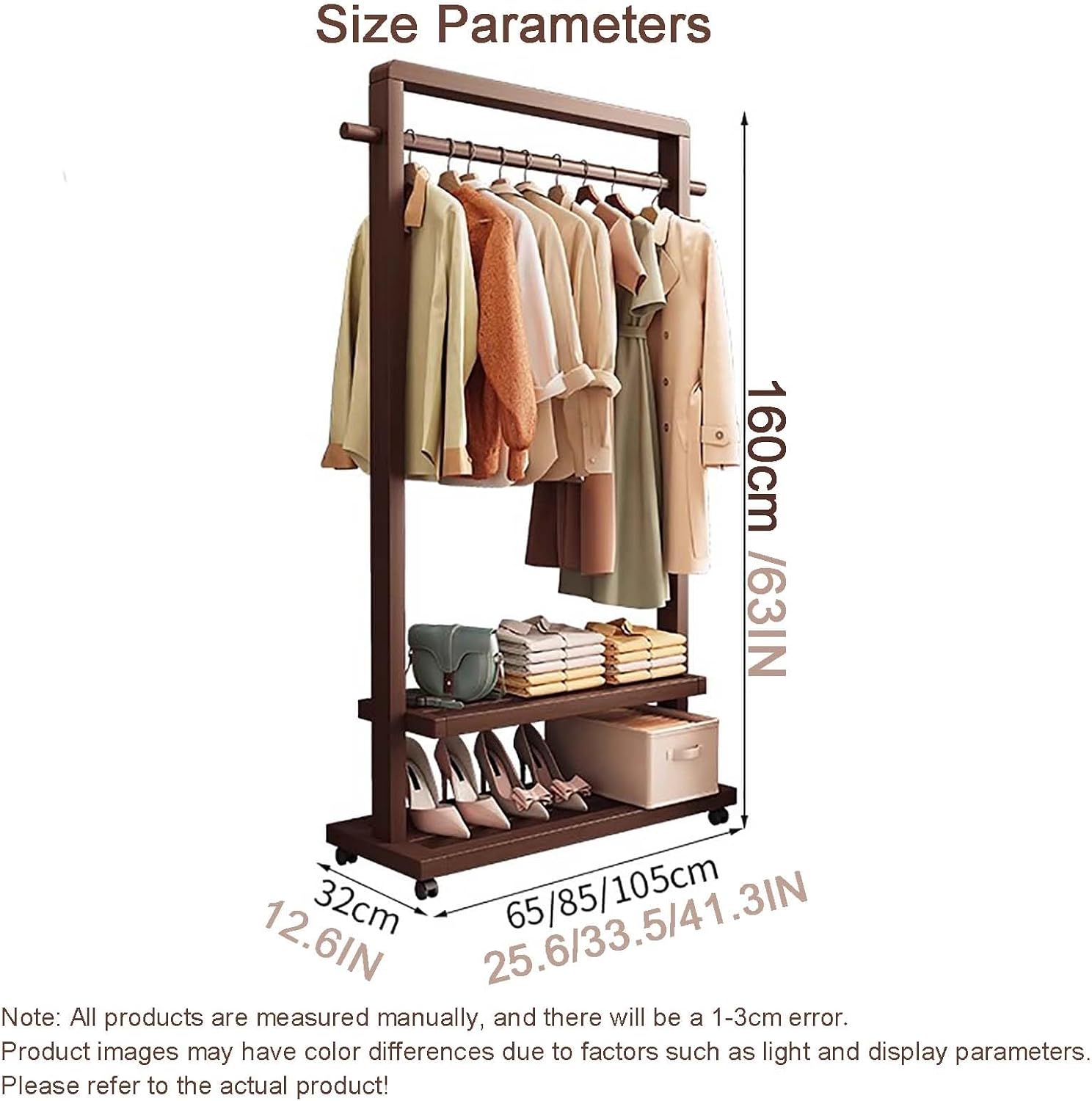 Clothes Rack, Bamboo Floor-standing Bedroom Coat Rack,Rack Heavy Duty Garment Racks For Hanging Clothes,Shoe Clothing Storage Organizer Shelves, 63 in Height(Brown with wheels,105CM/41.3IN)
