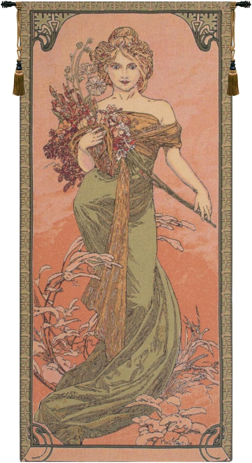 Charlotte Home Furnishings Inc - Mucha Spring Belgian Premium Tapestry Wall Hanging |39x18 in Viscose Polyester Blend Boho Vintage Woven Wall Tapestry for Home & Wall Art by Alphonse Mucha