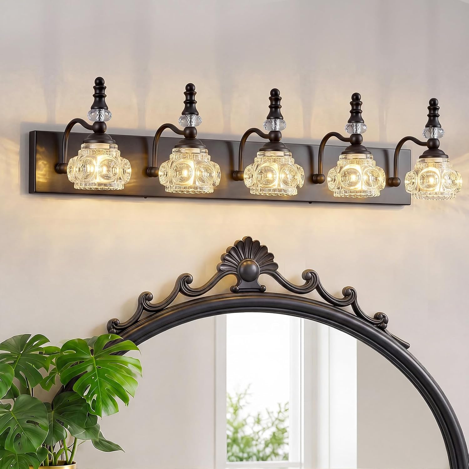 Modern Crystal Bathroom Vanity Light Black Vintage Bathroom Light Fixtures 5-Lights Glass Crystal Vanity Lights