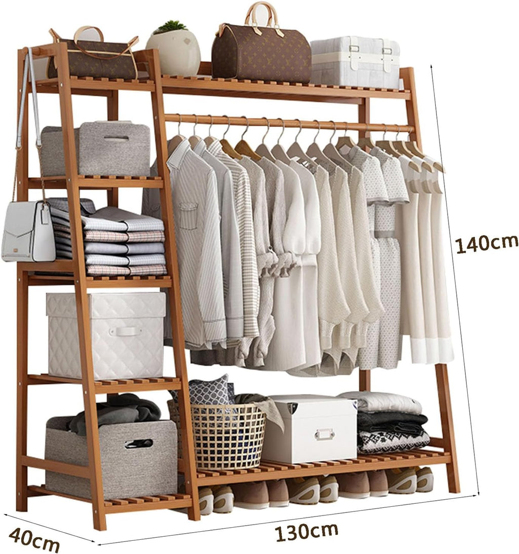 Bamboo Trapezoid Clothing Rack, Garment Rack with 5-Tier Storage Shelves Multi-Functional Clothes Hanging Rack Stand for Bedroom Living Room, Natural