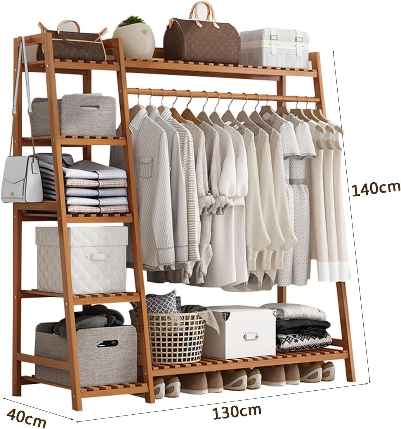 Bamboo Trapezoid Clothing Rack, Garment Rack with 5-Tier Storage Shelves Multi-Functional Clothes Hanging Rack Stand for Bedroom Living Room, Natural