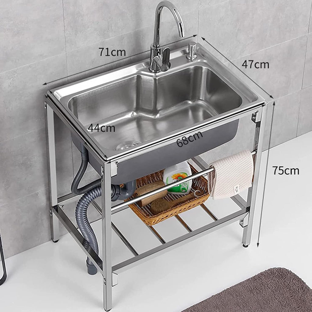 Commercial Kitchen Sink, Stainless Steel Free Standing 1 Compartment Workbench Sink, with Hot Cold Water Pipes Tap Anti-Overflow for Outdoor Laundry Room Bar Restaurant