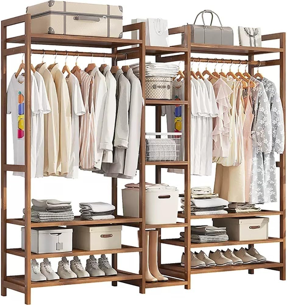 Natural Bamboo Freestanding Clothes Rack with Hanging Rod, 2 Shelves & Hoo - Stylish Garment Stand for Bedroom, Hallway & Stora Soluts