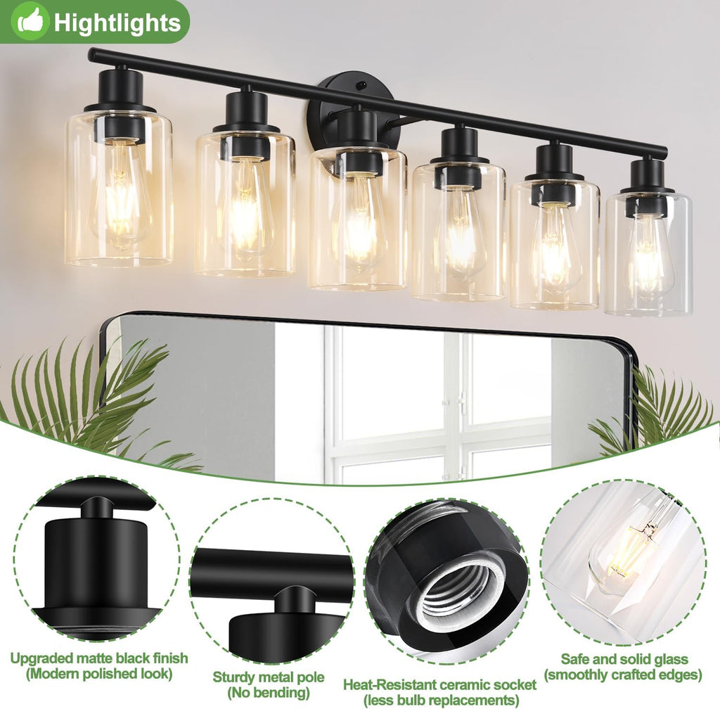 Zarbitta 6-Light Bathroom Light Fixtures, Black Modern Vanity Lights with Clear Glass Shade, Bathroom Wall Lamp for Mirror Kitchen Living Room Hallway Cabinet
