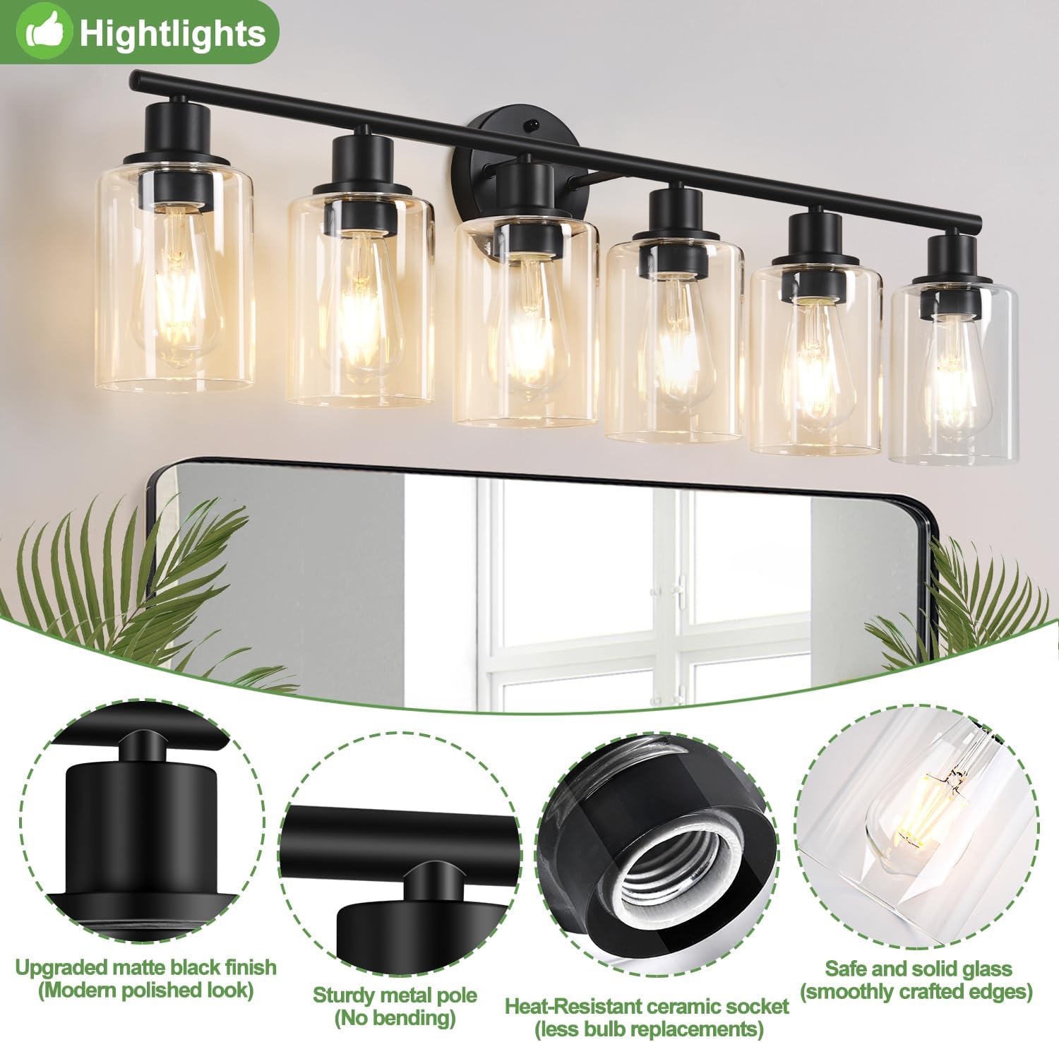Zarbitta 6-Light Bathroom Light Fixtures, Black Modern Vanity Lights with Clear Glass Shade, Bathroom Wall Lamp for Mirror Kitchen Living Room Hallway Cabinet
