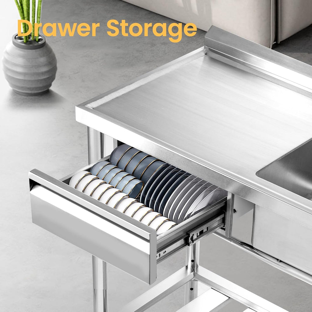 Stainless Steel Utility Sink, 39'' Free Standing Single Bowl Kitchen Sink with Left Drawer, Cold and Hot Water Pipe, Indoor and Outdoor for Laundry Room Farmhouse Kitchen(39 inch)