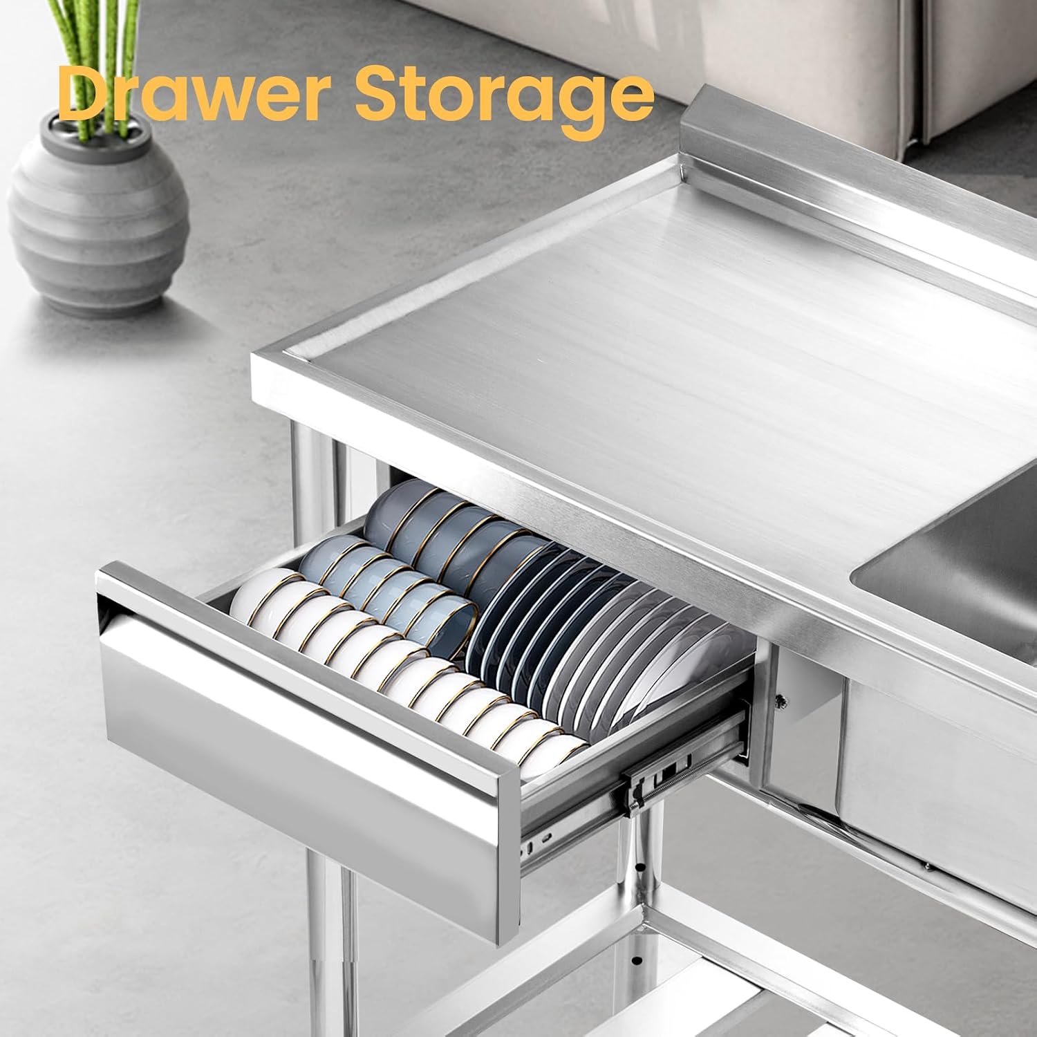 Stainless Steel Utility Sink, 39'' Free Standing Single Bowl Kitchen Sink with Left Drawer, Cold and Hot Water Pipe, Indoor and Outdoor for Laundry Room Farmhouse Kitchen(39 inch)