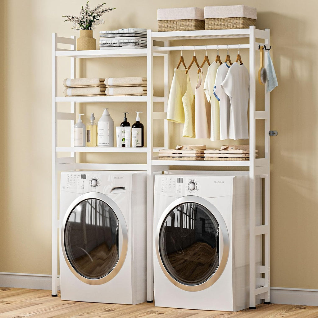 Cozivolife Over The Washer and Dryer Storage Shelf Bamboo,5 Tiers Laundry Room Drying Rack with Adjustable Shelves and 4 Hooks,Space Saver Organizer for Hanging Clothes and Towels (White)