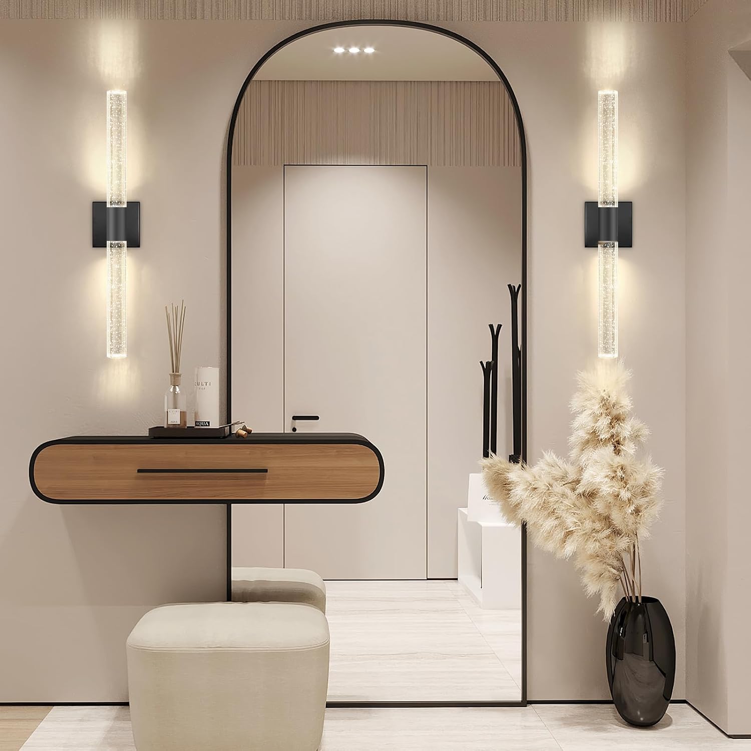 Black LED Wall Sconces Set of 2 with LED Warm Light Interior Glam Crystal Wall Light, Hardwired