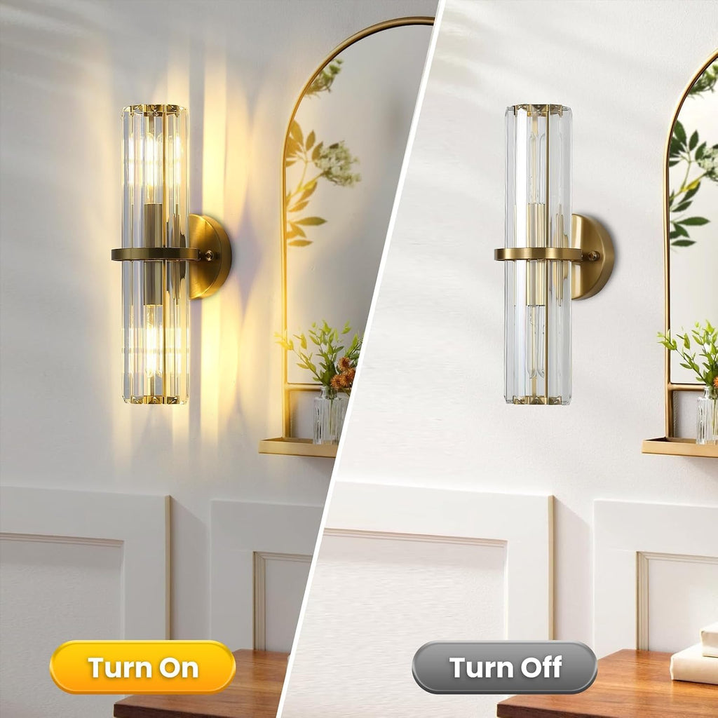 Crystal Wall Sconce Set of 2, Gold Crystal Bathroom Wall Light, Modern Sconces Wall Decor 2-Light Luxury Indoor Wall Lamp 15.7-Inch for Living Room, Hallway, Mirror, Bathroom, Vanity E26