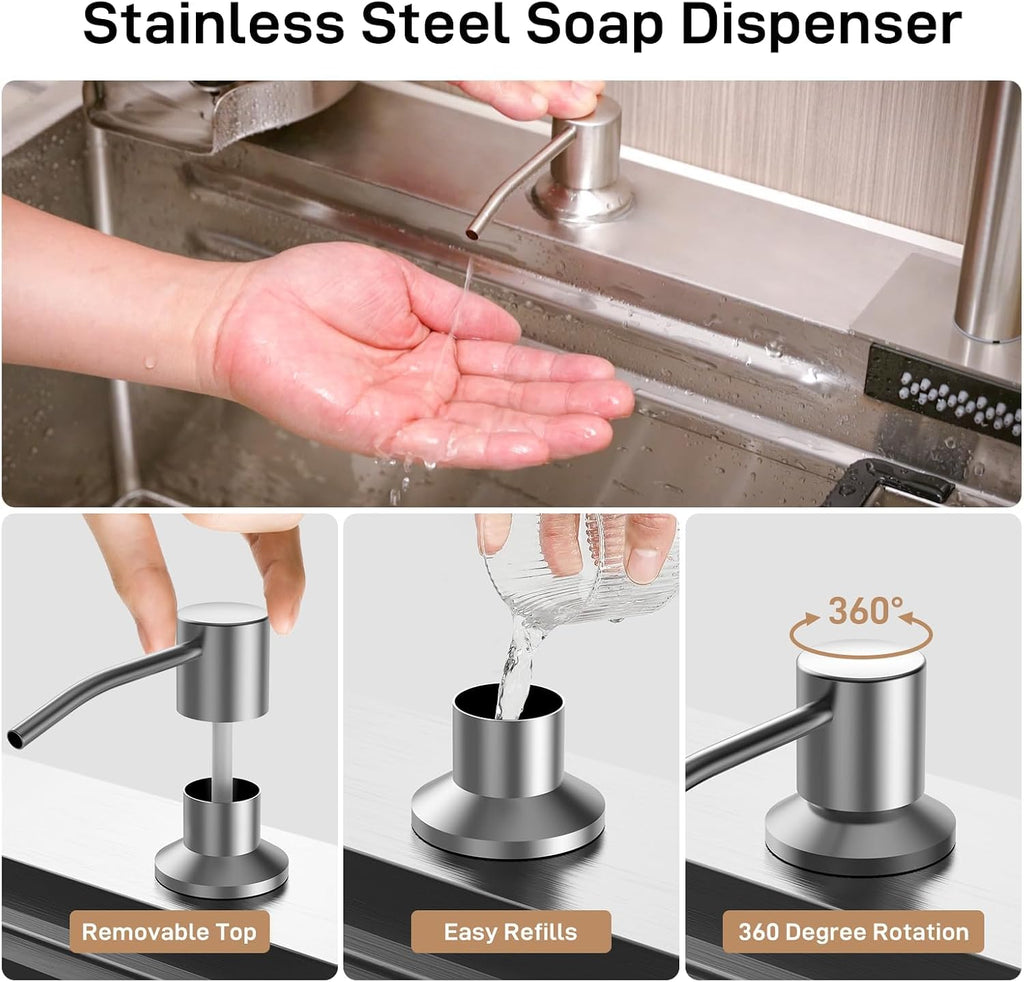 Senfot Kitchen Sinks and Faucet Combo Set with Bottom Grid & Drain Assembly, 304 Stainless Steel Handmade Modern Kitchen Sink with Pull-Out Tap, Chopping Board, Cup Washer, Size 30x 22 x 9in, Silver