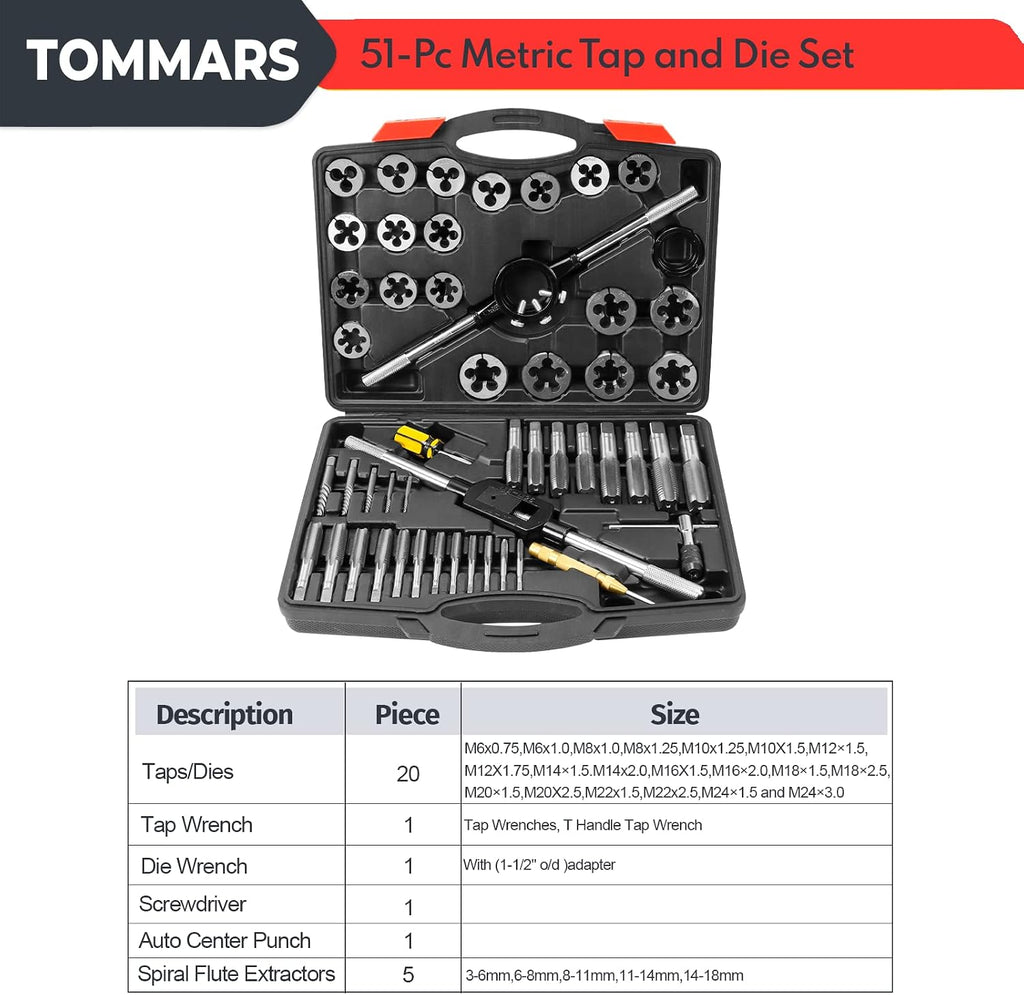 TOMMARS 51-Pc M6 to M24 Jumbo Tap and Die Set Metric Round Threading Dies & 51-Pc 1/4-20 to 1-14 Jumbo Tap and Die Set SAE Round Threading Dies