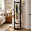 Solid Wood Coat Rack Freestanding Clothing Rack with Wheels & 2 Shelves Storage & 5 Hooks Heavy Duty Clothes Rack Wood Coat Tree Stand Hat Hanger Rack for Corner Bedroom Entryway Living Room Hotel