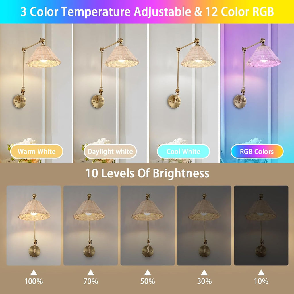 Bamboo Battery Operated Wall Sconce Set of 2, Rattan Swing Arm Wall Lamp, Gold Vintage Bedside Light Fixture, Hand Woven Boho Wall Mounted Lighting Fixture for Bedroom, Living Room