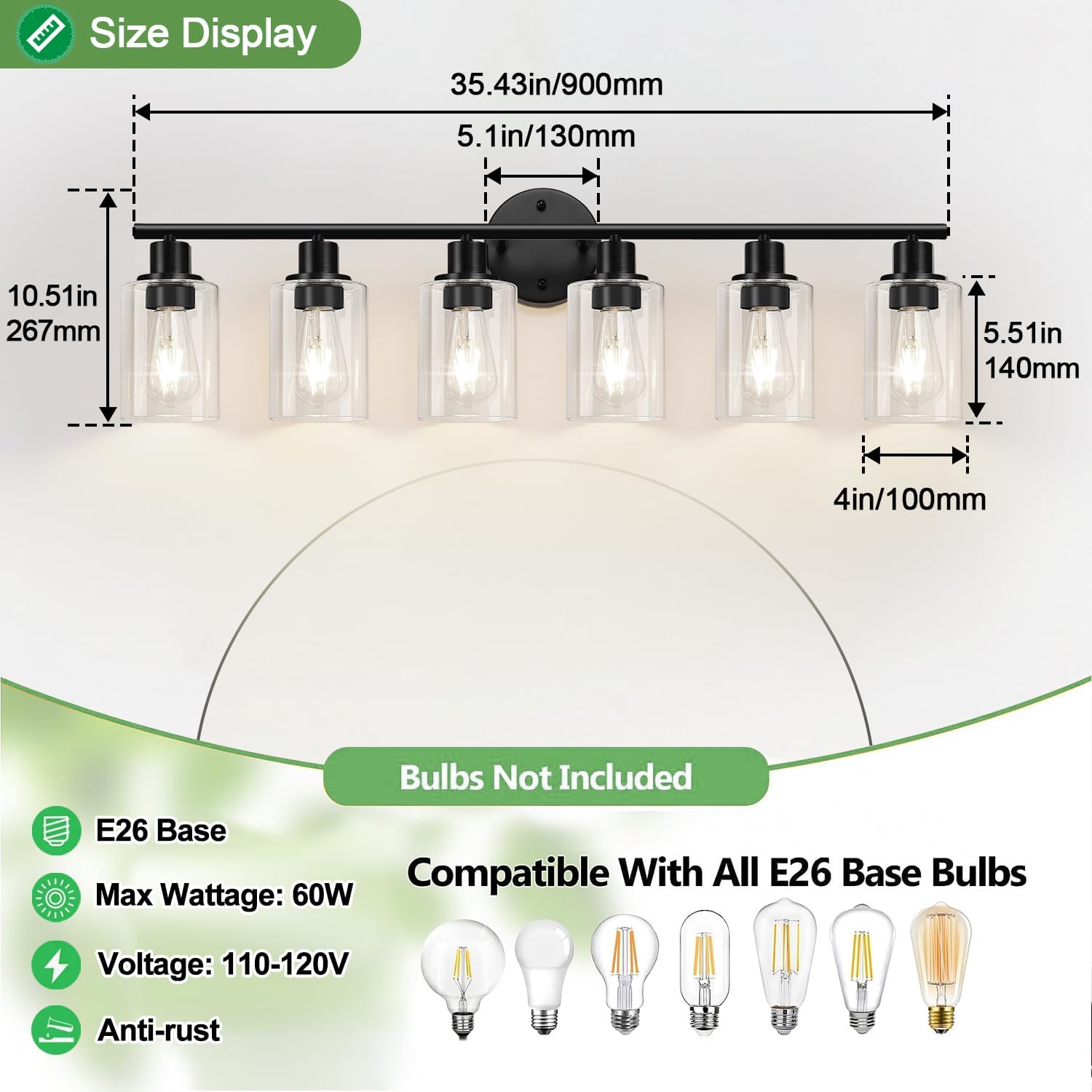Zarbitta 6-Light Bathroom Light Fixtures, Black Modern Vanity Lights with Clear Glass Shade, Bathroom Wall Lamp for Mirror Kitchen Living Room Hallway Cabinet