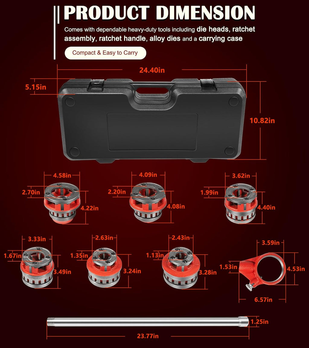 36475 12-R Manual Exposed Ratchet Pipe Threader Set with 6 NPT Die Heads, 1/2' - 2' NPT Portable Ratcheting Pipe Threading Tool Kit with Storage Case for 1/8' to 2' Plumbing Installation and Repair