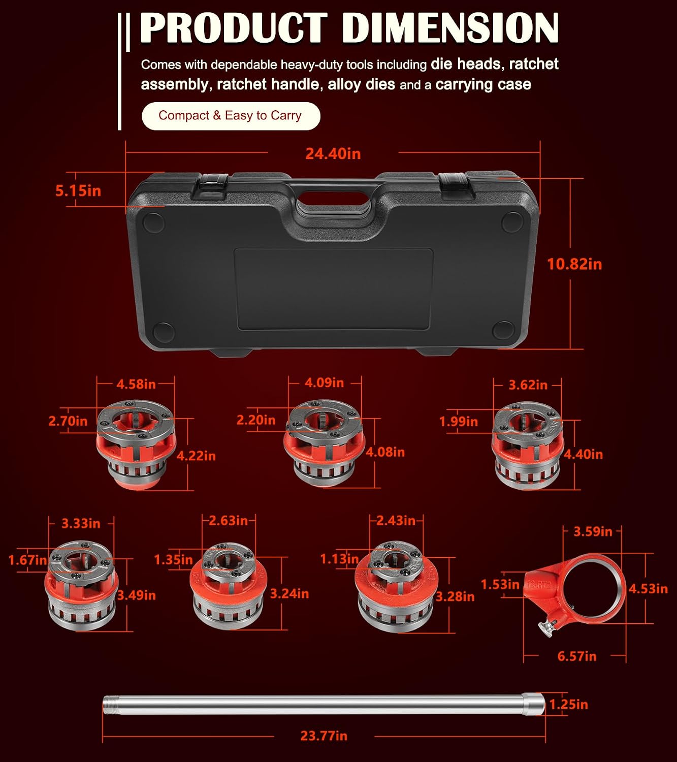 36475 12-R Manual Exposed Ratchet Pipe Threader Set with 6 NPT Die Heads, 1/2' - 2' NPT Portable Ratcheting Pipe Threading Tool Kit with Storage Case for 1/8' to 2' Plumbing Installation and Repair