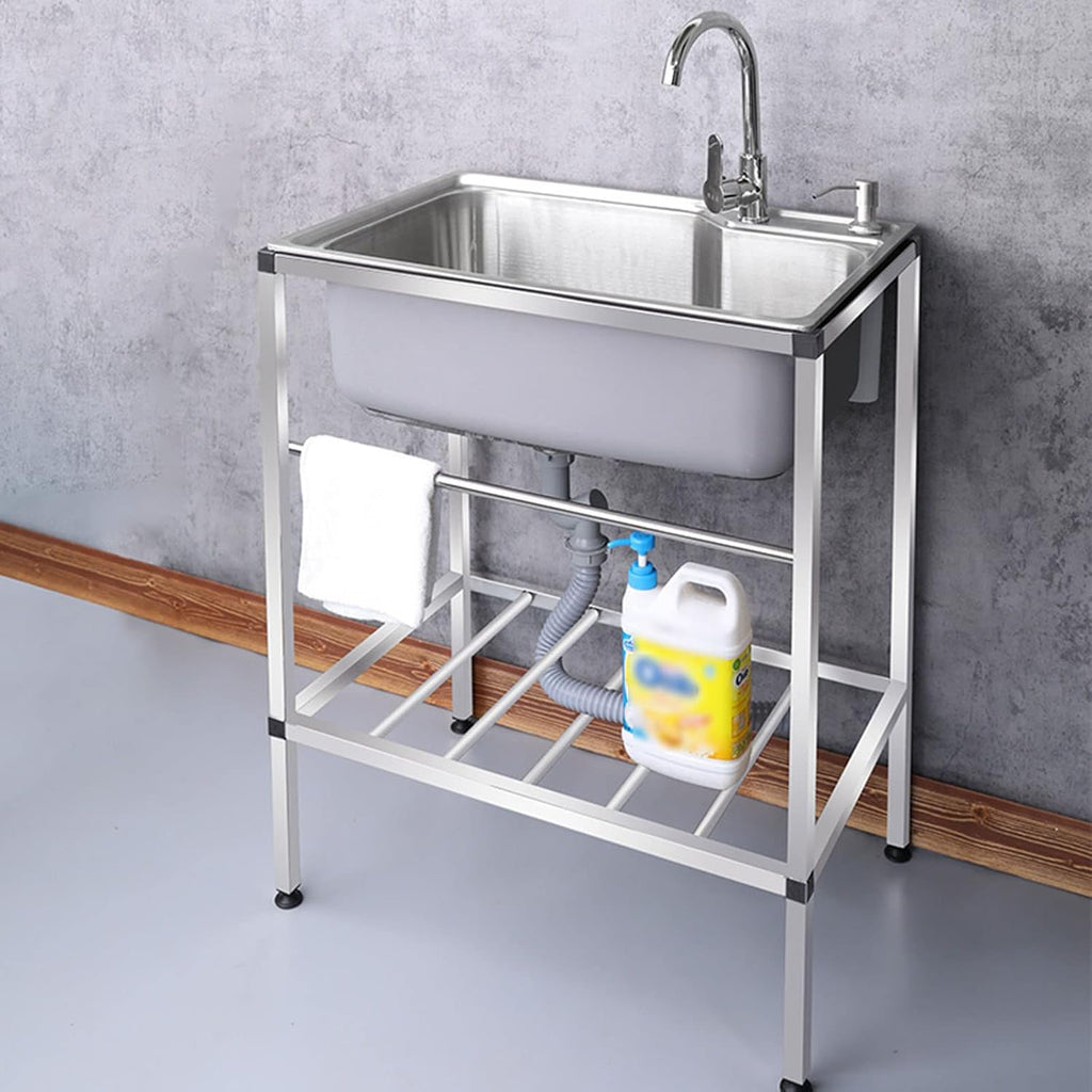 Commercial Kitchen Sink, Stainless Steel Free Standing 1 Compartment Workbench Sink, with Hot Cold Water Pipes Tap Anti-Overflow for Outdoor Laundry Room Bar Restaurant