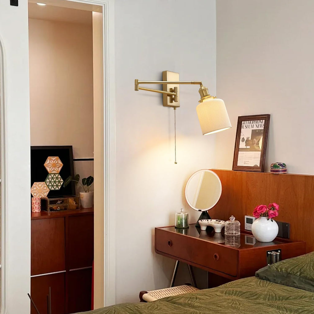 Vintage Antique Brass Wall Sconces Set of Two Gold Modern Farmhouse Wall Lighting Indoor Wall Mount Swing Arm Lamps with Pull Chain Bathroom Sconces Set of 2 Milk Glass Wall Lights MWL14C-2