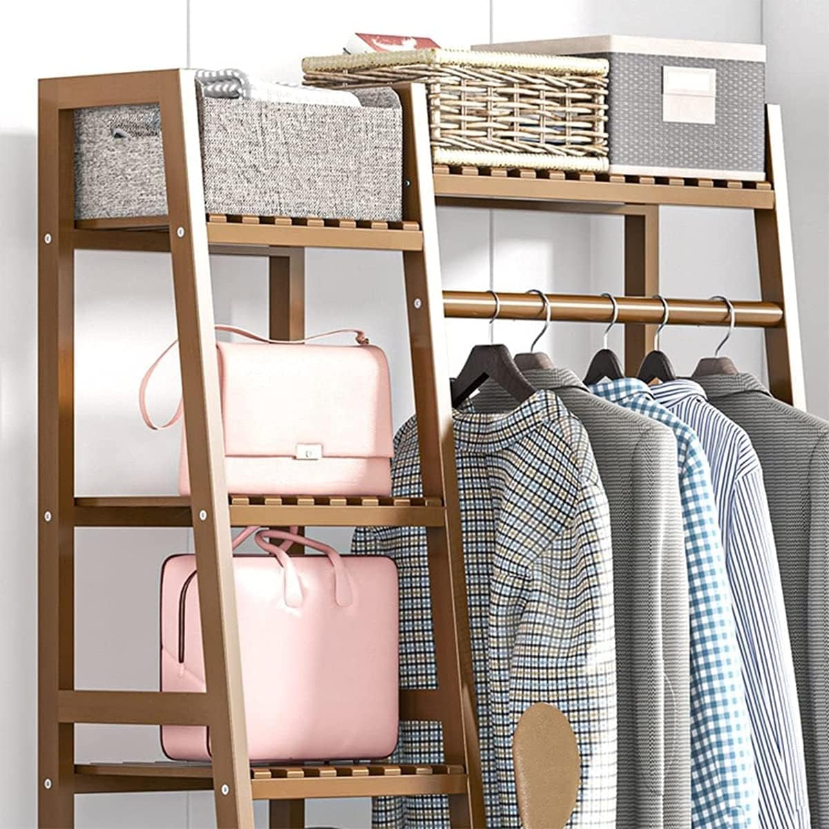 Coat Rack, Bamboo Garment Rack 7 Tier Storage Shelves Clothes Hanging Rack Heavy Duty Clothing Rack Multipurpose Open Wardrobe Closet Organizer Stable Structure