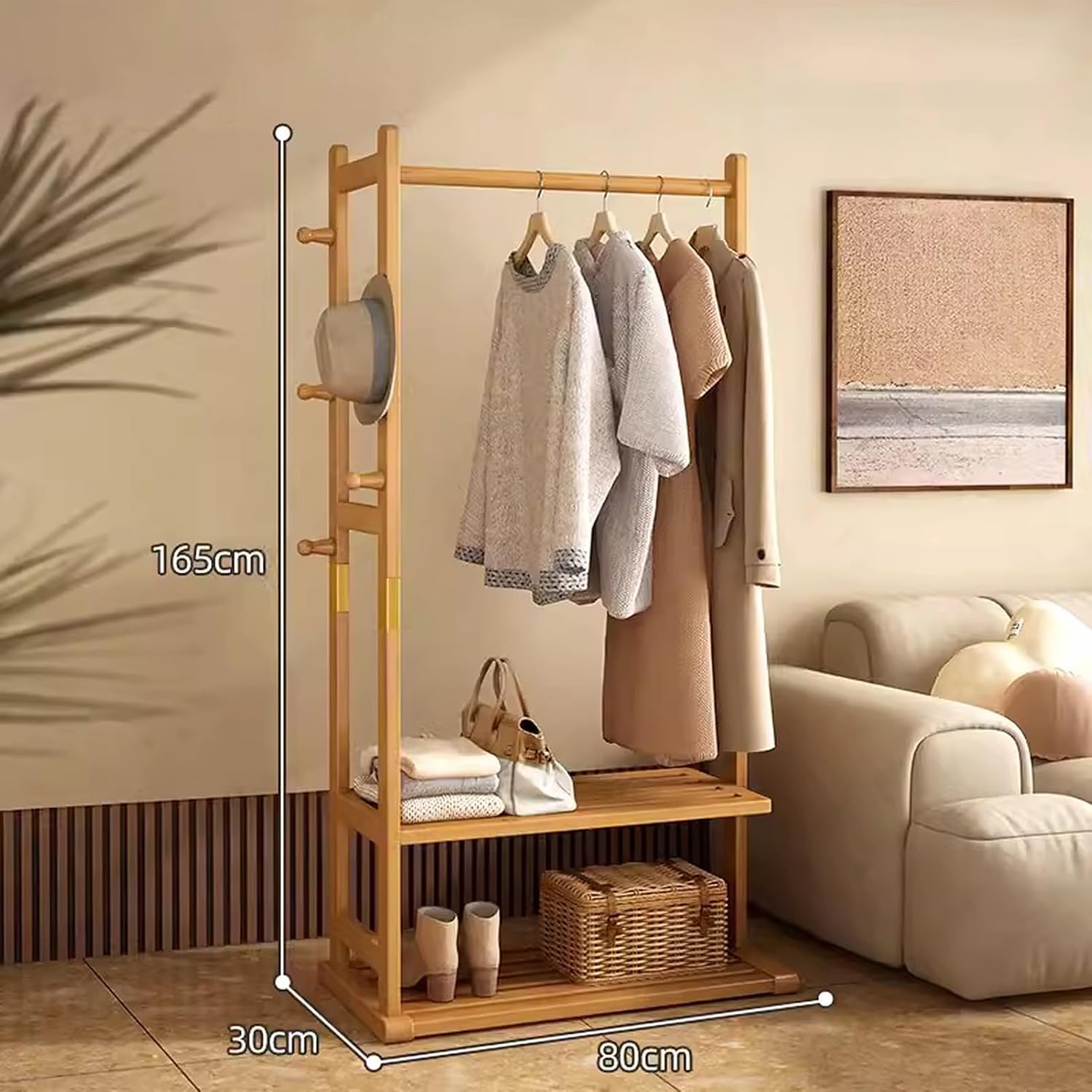 Bamboo Garment Rack Clothes Hanging Rack with Side Hooks and 2 Tiers Storage Shelves, Heavy Duty Clothes Display Rack Portable Wardrobe Closet Organizer