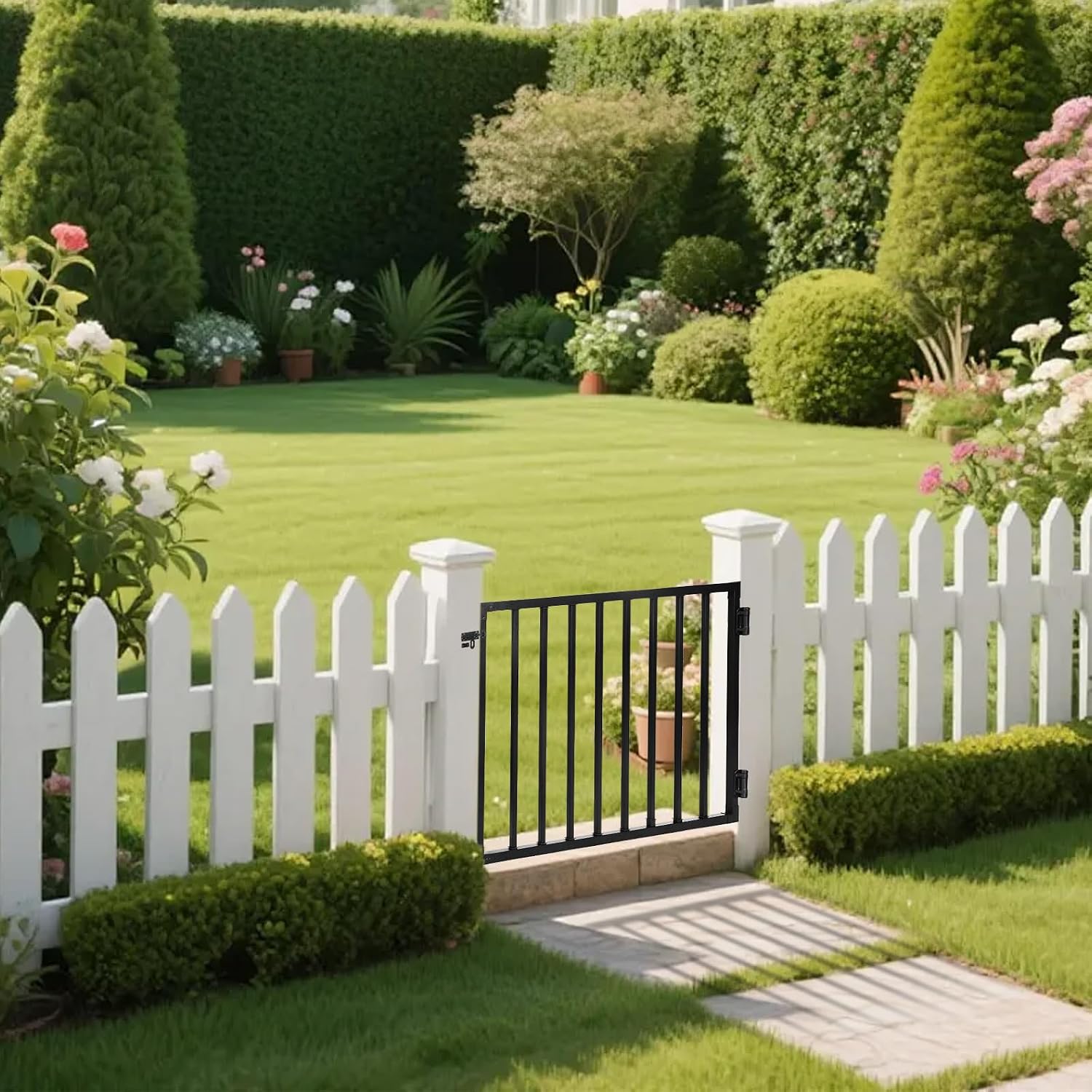 Outdoor Deck Fence Gate Kit, 42''H x 48''W Heavy Duty Steel Gate Anti-Rust Fence Door with Self-Closing Hinges and Latch for Railings, Patios, Gardens, Decks