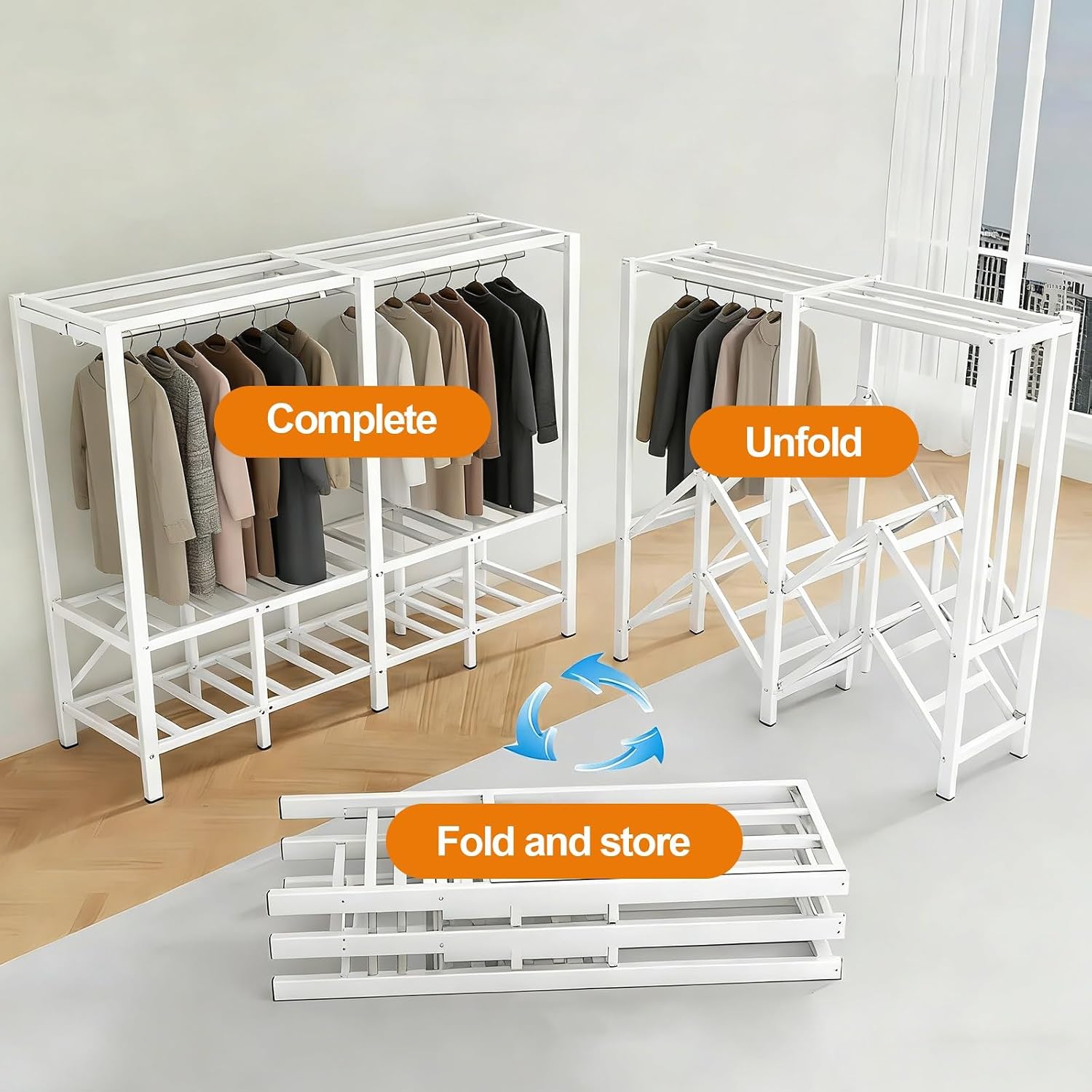 Heavy Duty Clothe Rack With Cover, Closet Wardrobe, Foldable Garment Rack For Hanging Clothes, Load 2000lbs, Covered Clothing Coat Storage Organizer(Orange,145cm/57.1inch)
