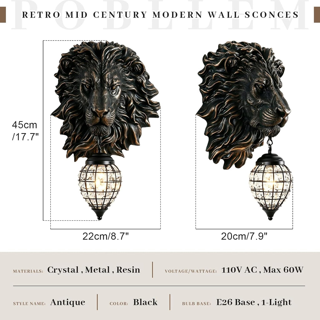 Retro Mid Century Modern Wall Sconces with Clear Crystal Shade Lion Head Decor 17.7' Large Black Wall Lights Fixtures for Living Room Bedroom Bedside Stairs Bathroom