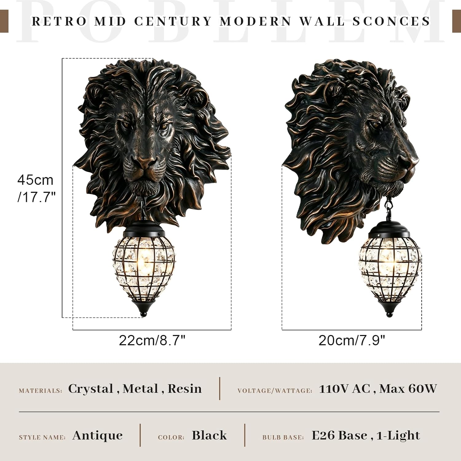 Retro Mid Century Modern Wall Sconces with Clear Crystal Shade Lion Head Decor 17.7' Large Black Wall Lights Fixtures for Living Room Bedroom Bedside Stairs Bathroom