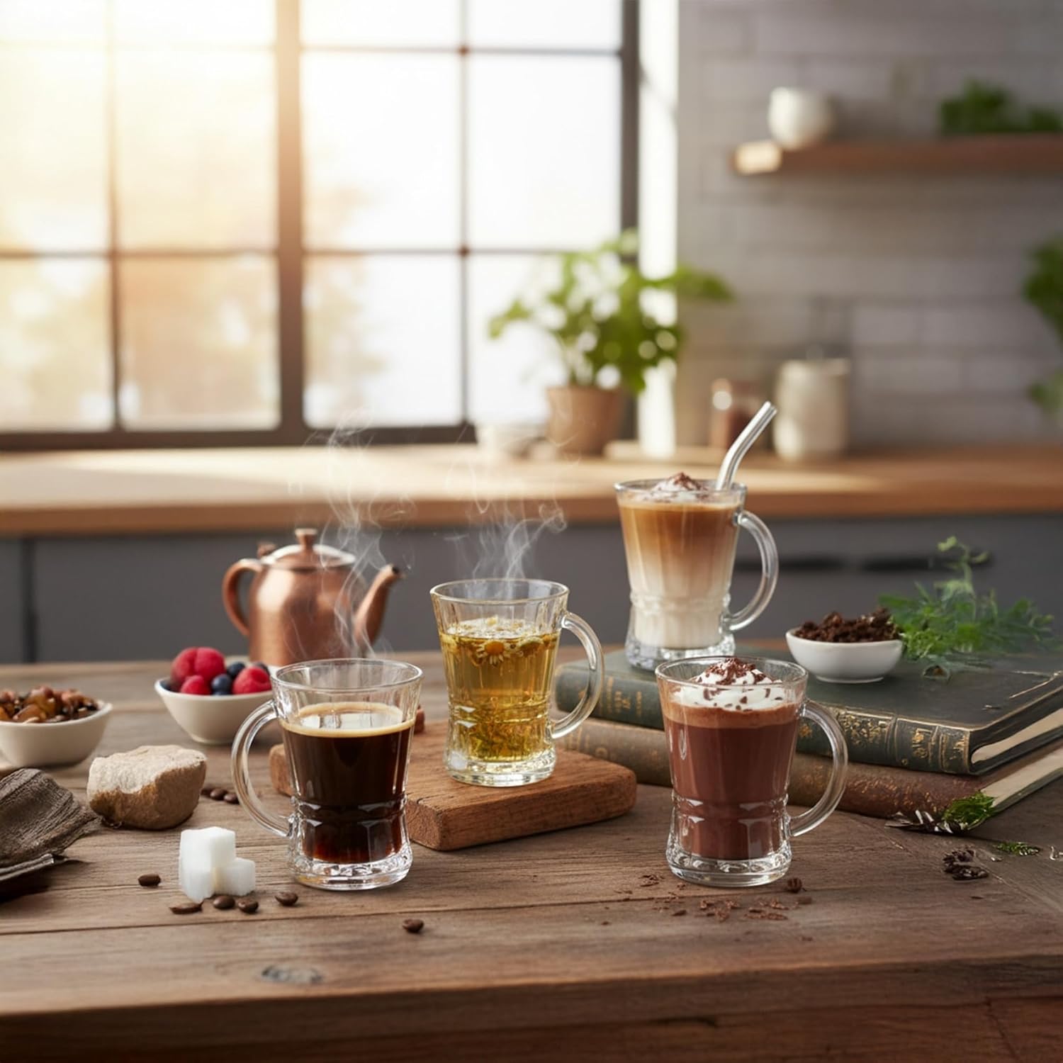 Clear Glass Coffee and Tea Cups with Handle, Set of 48, Small Glass Mugs for Espresso, Cappuccino, Latte, Turkish Tea, Events, Parties, Catering & Gift, Ribbed Drinkware, 5 oz