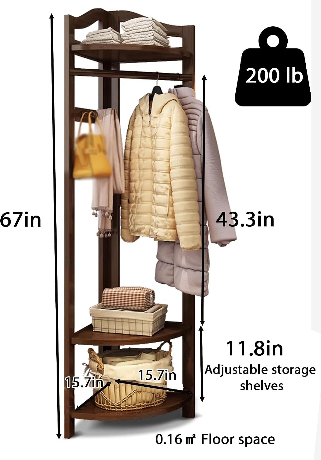 Bamboo Clothing Rack Corner Coat Rack with Hooks Stand Hall Trees Adjustable Storage Space Clothes Hanging Rail Garment Rack Anti-Tip Movable Clothing Display Rack for Bedroom Entryway
