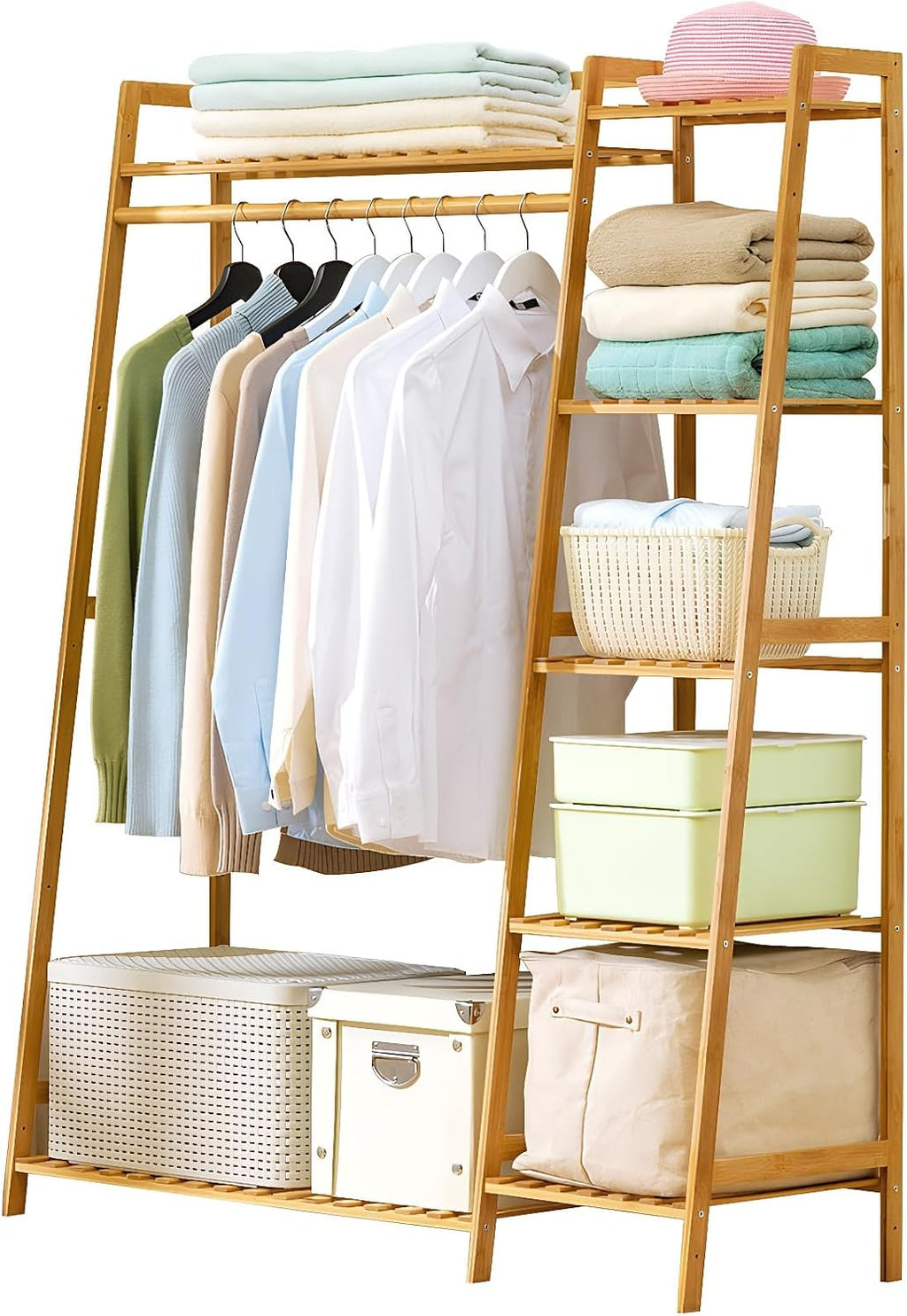 Bamboo Garment Rack with Shelves, Free Standing Clothes Organizer, Multi-Tier Storage with Hanging Rod and Shoe Rack, 43.3x15.7x55.1 Inches