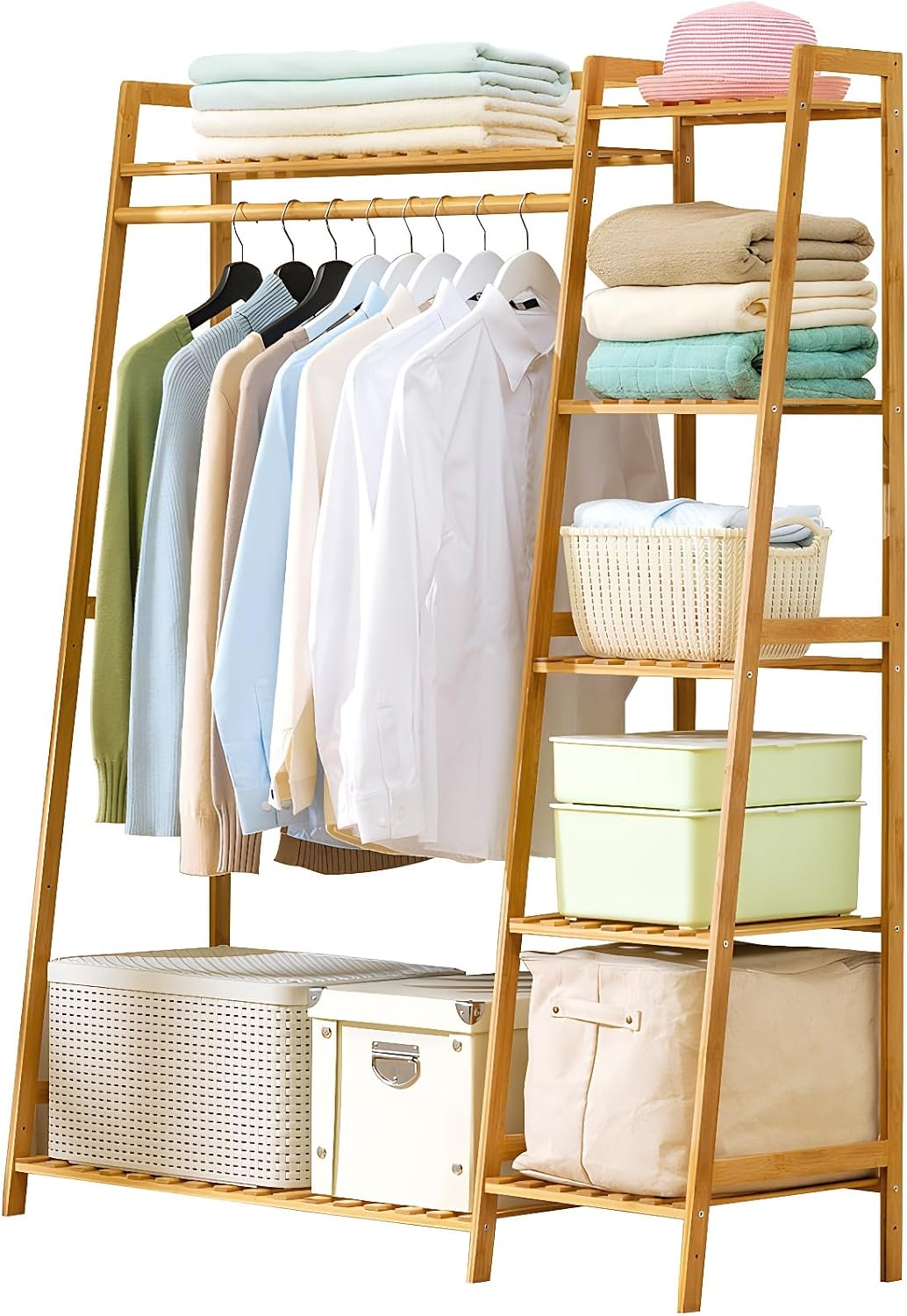 Bamboo Garment Rack with Shelves, Free Standing Clothes Organizer, Multi-Tier Storage with Hanging Rod and Shoe Rack, 43.3x15.7x55.1 Inches