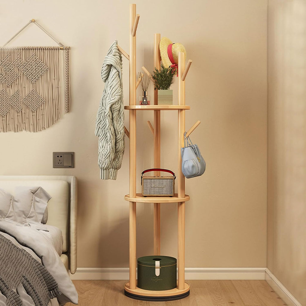 Bamboo Clothing Rack Corner Coat Rack with Hanger Hooks and 3-Tier Storage Shelves, Stand Hall Trees Free Standing Clothes Hanging Rail Garment Rack for Entryway Bedroom Living Room