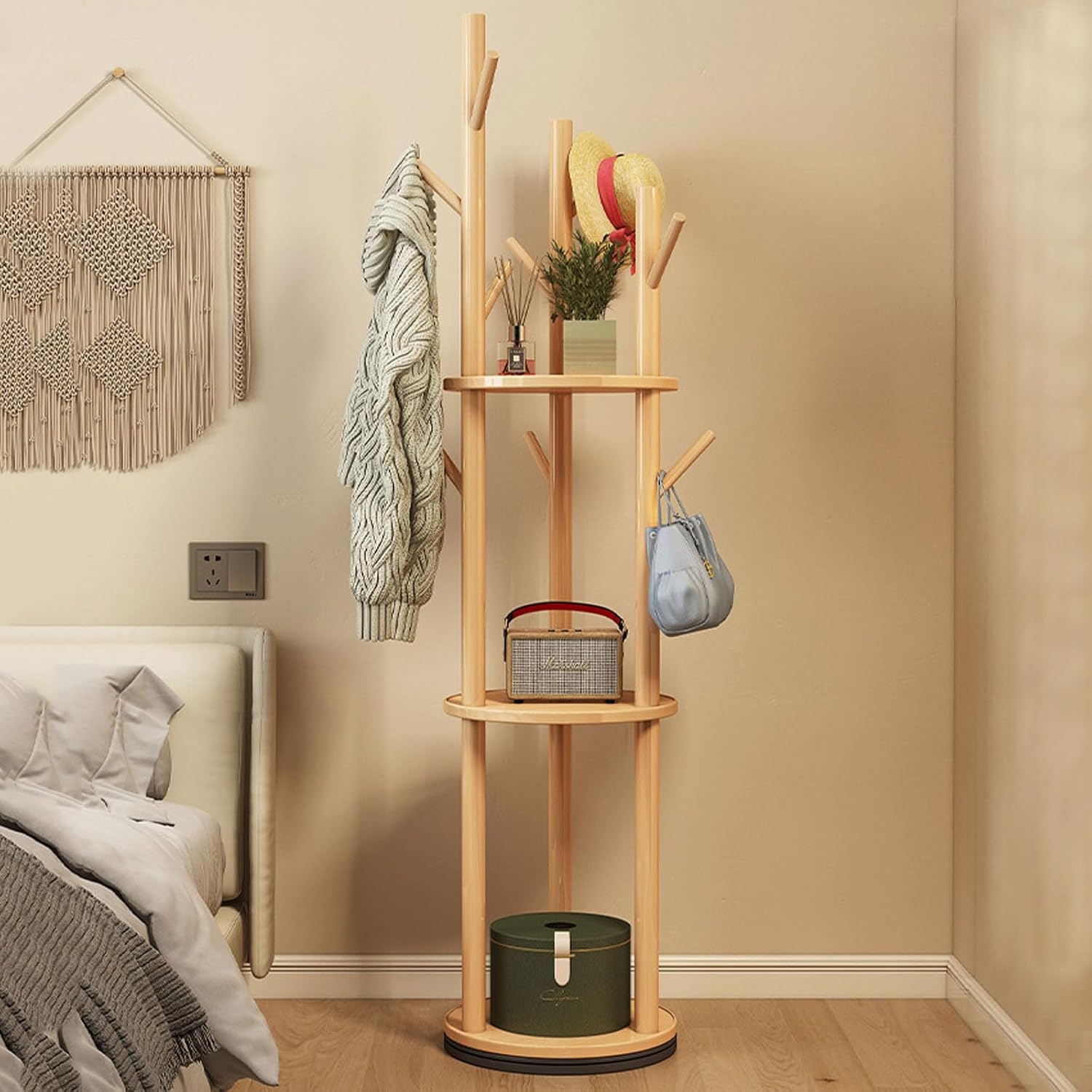 Bamboo Clothing Rack Corner Coat Rack with Hanger Hooks and 3-Tier Storage Shelves, Stand Hall Trees Free Standing Clothes Hanging Rail Garment Rack for Entryway Bedroom Living Room