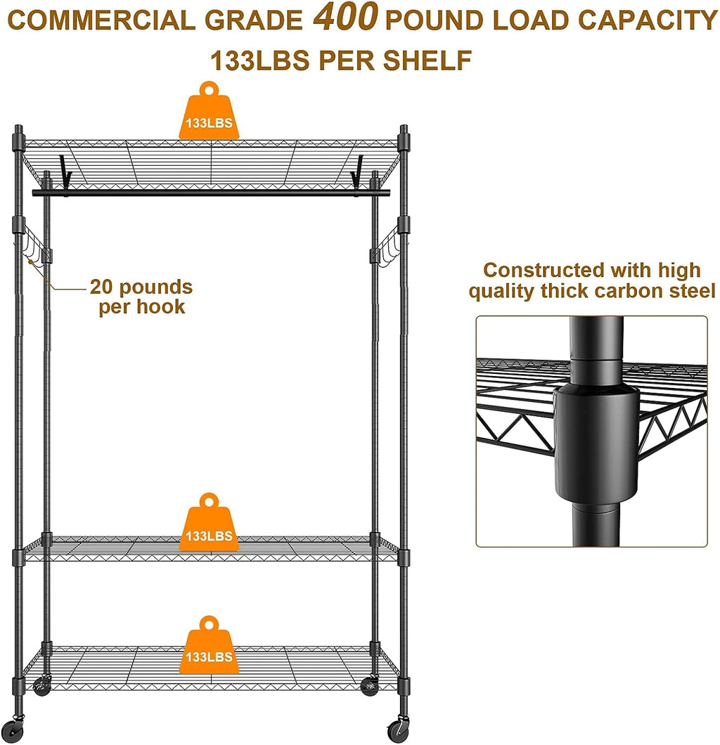 BATHWA Heavy Duty Clothing Racks,47.3'W x 17.7'D x 74.8'H Wide Hanging Space 3 Adjustable Shelving Garment Rack on Wheels Portable Wardrobe for Dress Coat Clothes Organizer Sturdy Metal Construction