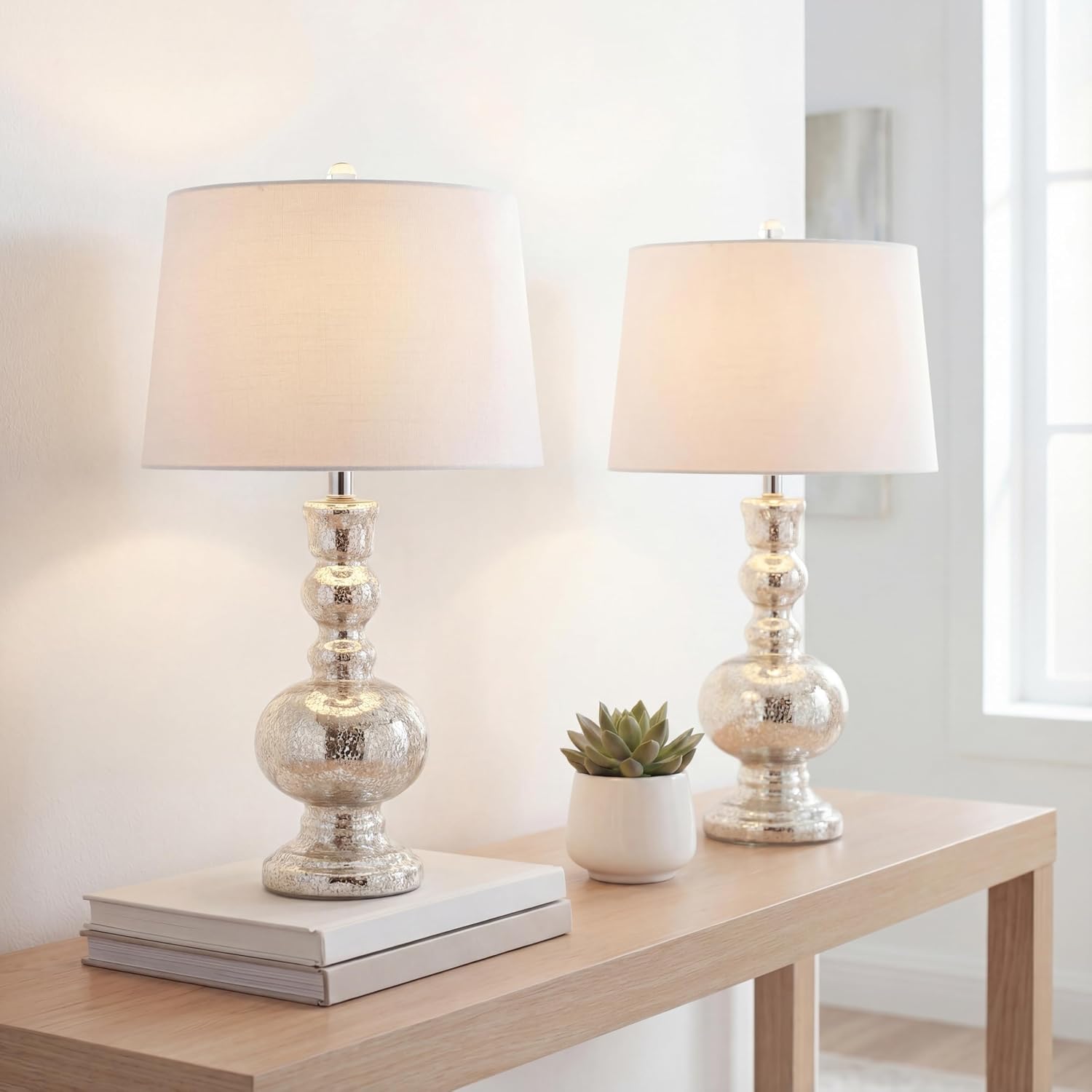JONATHAN Y 28.5' Mercury Silver Glass Table Lamp Set of 2 for Living Room Bedroom Decor, Modern Bedside Lamps with White Linen Shade, LED Bulbs Included (JYL1061D-SET2)