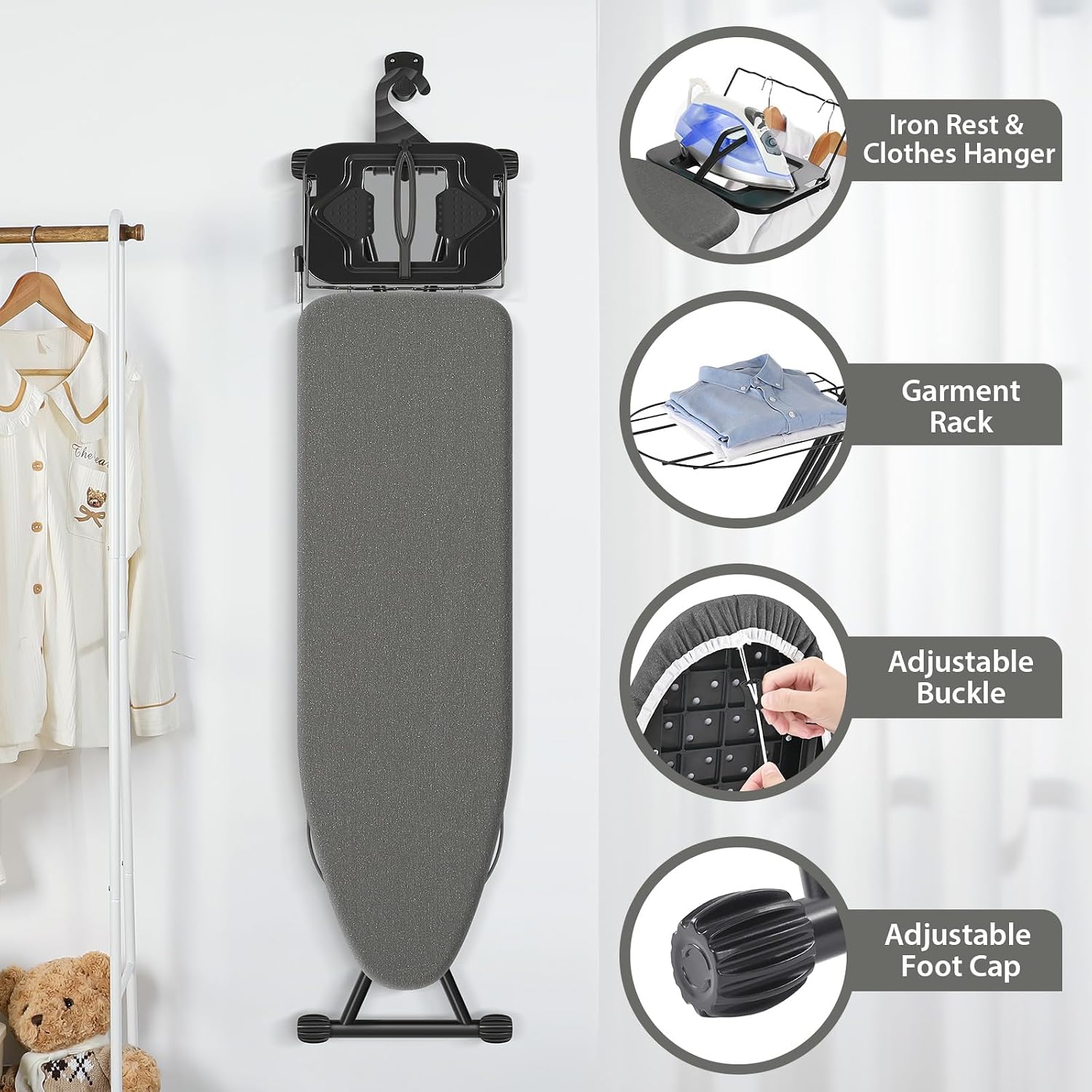 APEXCHASER Ironing Board, Compact Iron Board with Iron Rest and Hanger, Heat-Resistant Cover & 7 Adjustable Heights, Heavy Duty Ironing Board with Garment Rack, 13x43 Black