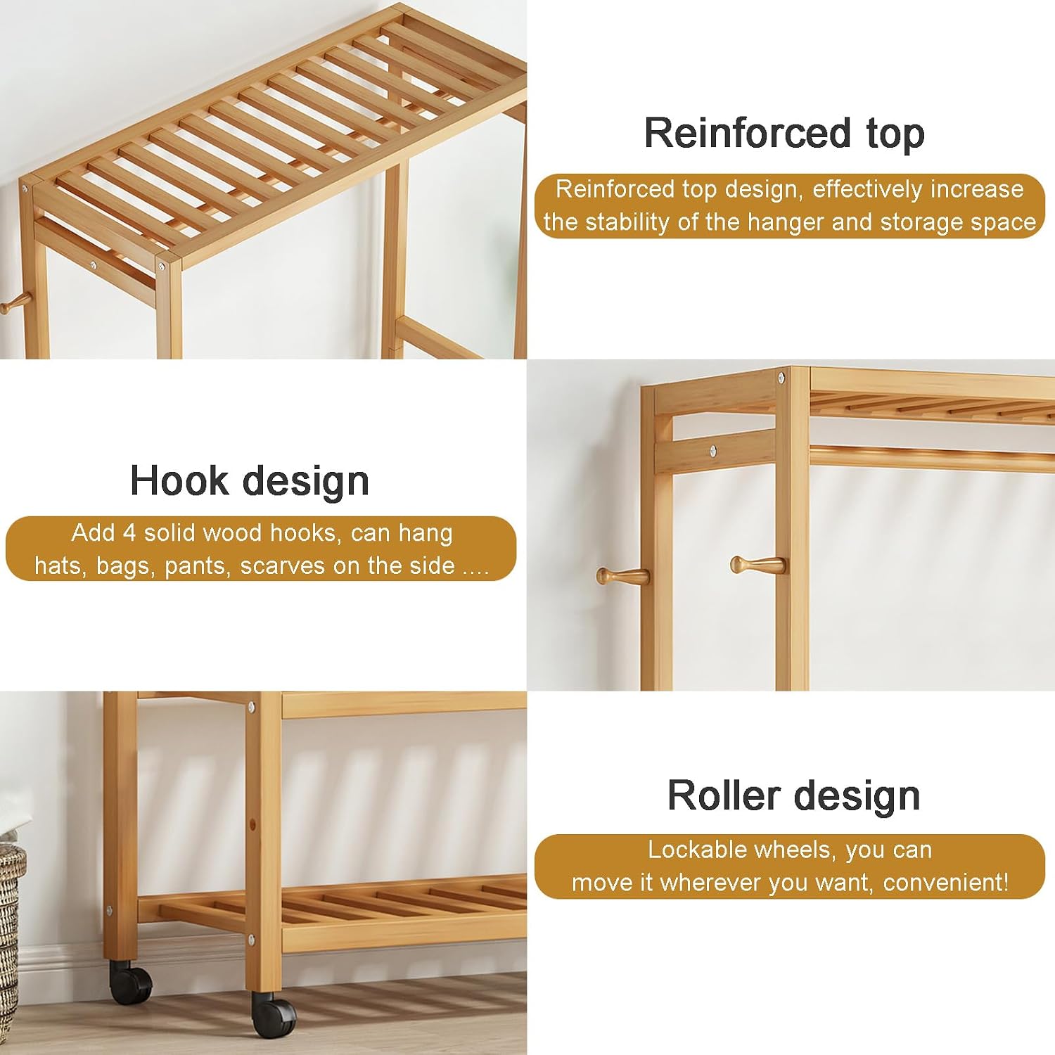 Bamboo Garment Rack Clothes Shelf Shoes Storage with 4 Hooks, Top Rod, 3 Storage Shelves, Wheels, Rolling Clothes Rack for Hanging Clothes, Clothing Racks Storage Organizer