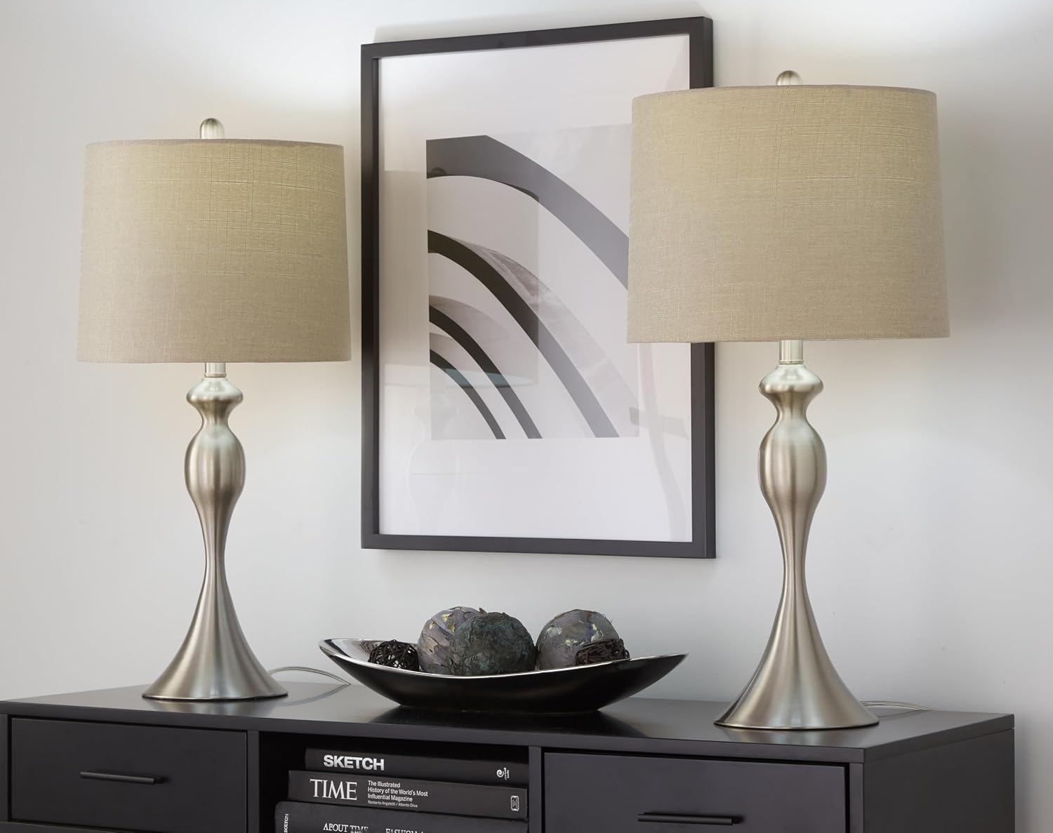 Ashland 27' Metal Table Lamps Set of 2, Desk Lamp, Bedside Lamps for Night Stands, Nightstand Lamp, Small Lamp, Small Table Lamps for Living Room Set of 2 (Brushed Nickel, Light Grey Linen)