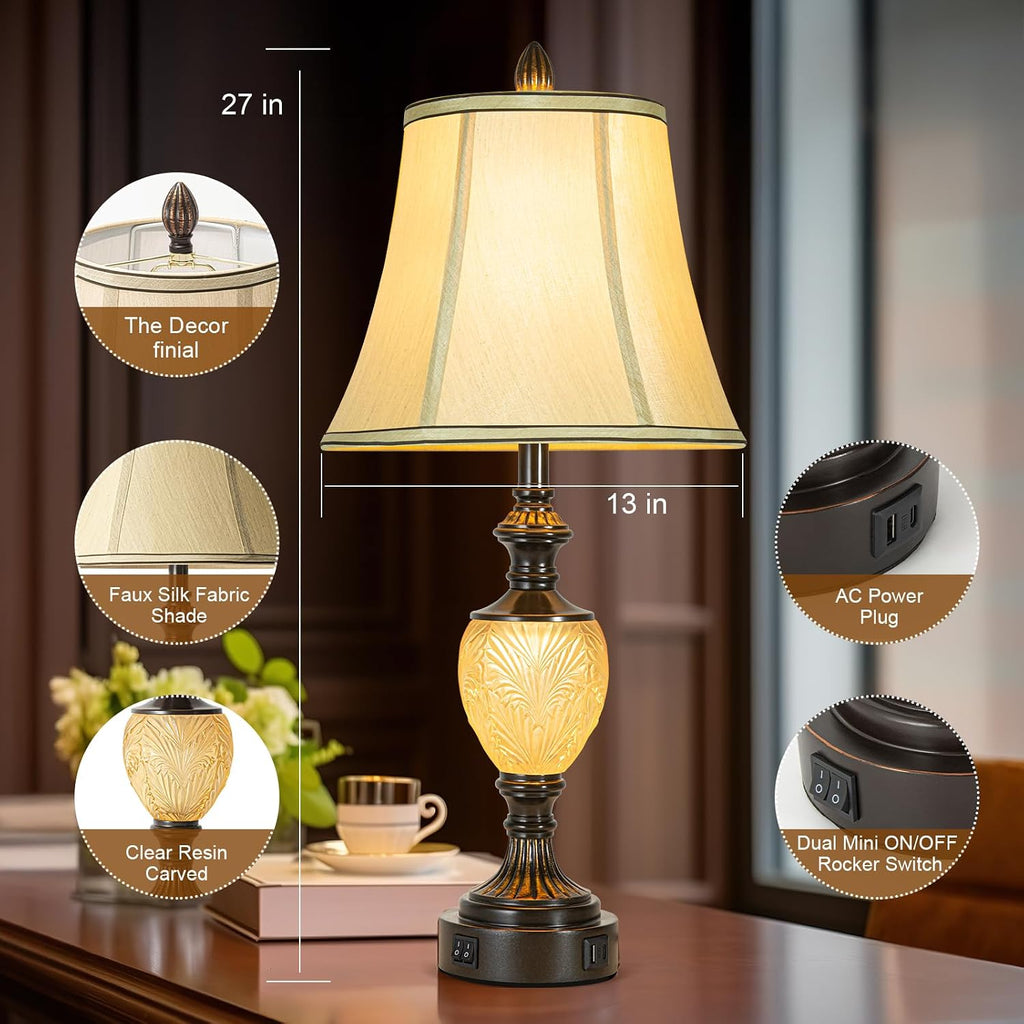 Vintage Farmhouse Lamp Set, 3-Piece Bundle, Includes 2 Table Lamps (27') and 1 Floor Lamp (64') with Faux Silk Shades, USB Charging Ports & Night Lights, for Living Room, Bedroom (Bulbs Included)
