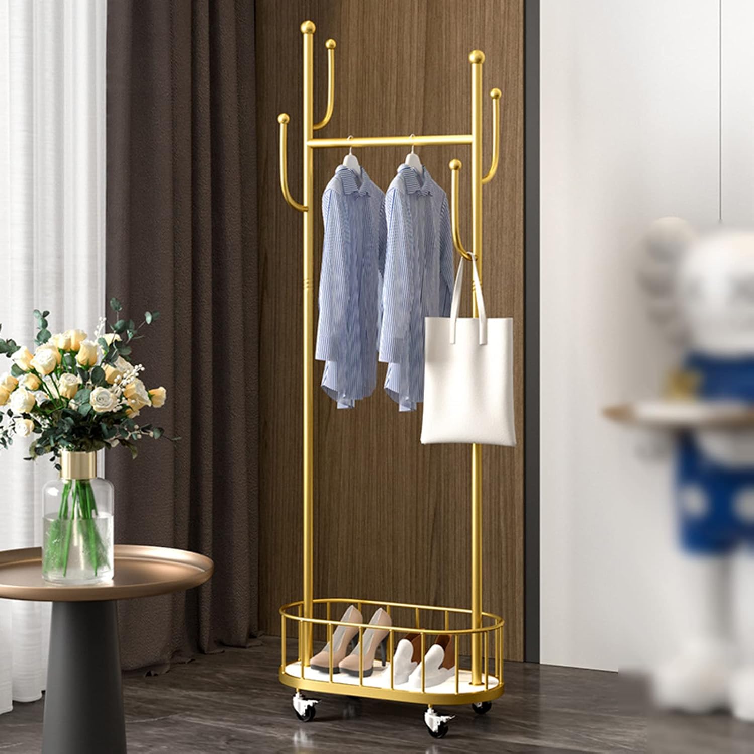 3-in-1 Rolling Garment Rack for Hanging Clothes with Wheels, Metal Coat Rack with Organizing Basket/120Cm/47.2In