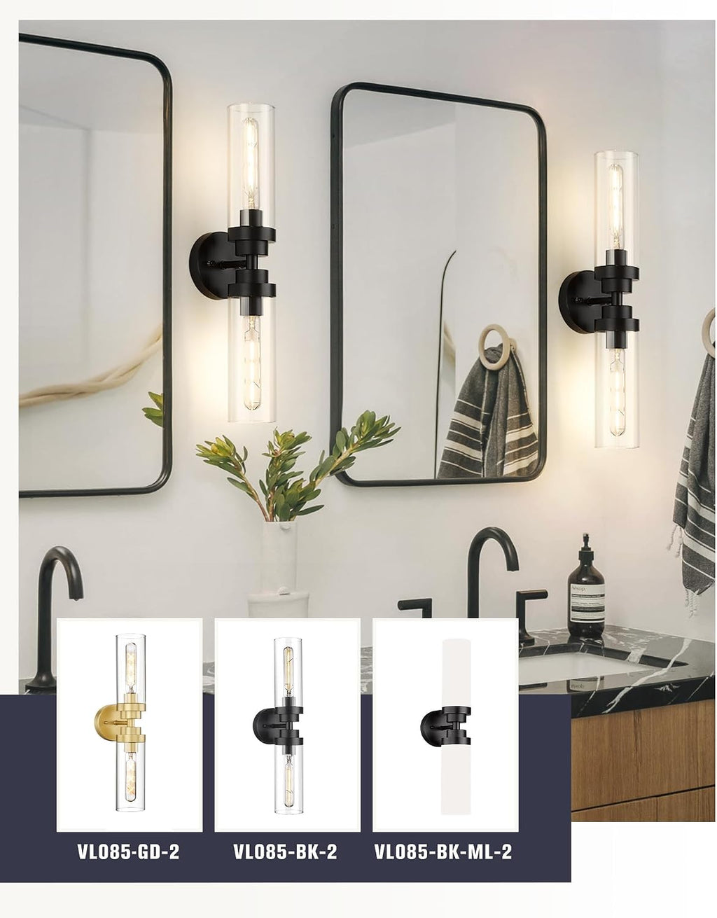 Emak 22 Inch Black Bathroom Light Fixtures Over Mirror, 2-Light Bathroom Vanity Light with Clear Glass Shade, 2 Pack Wall Sconce for Bathroom, Bedroom, Hallway, VL085-BKL-2-2PK