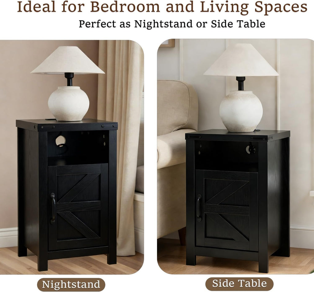 Farmhouse Nightstand Set of 2 with Charging Station, Modern Bedside Table with Barn Door and Shelf, Sofa Side Table End Table for Bedroom, Living Room, Black