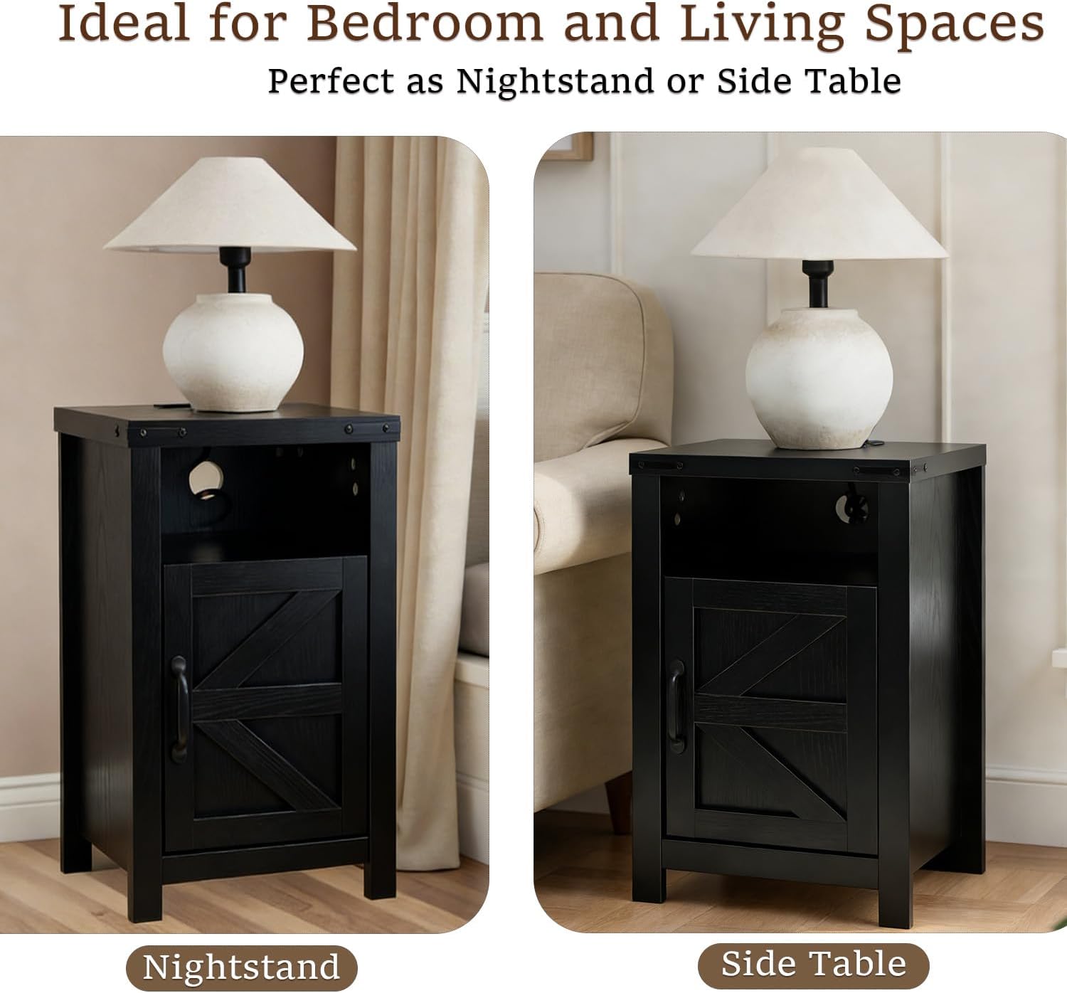 Farmhouse Nightstand Set of 2 with Charging Station, Modern Bedside Table with Barn Door and Shelf, Sofa Side Table End Table for Bedroom, Living Room, Black